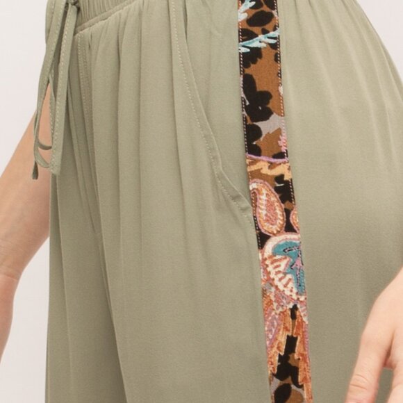 MYSTREE Olive Green Boho Jogger Pants with Side Detail, Drawstring Waist - Picture 8 of 8